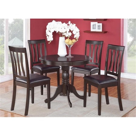 East West Furniture 5 -Piece Antique Round Kitchen 36 in. Table and 4 Chairs with Faux Leather seat ANTI5-CAP-LC